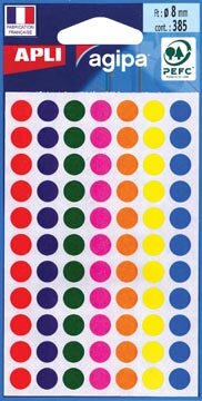 Agipa ronde etiketten in etui diameter 8 mm, geassorteerde kleuren, 385 stuks, 77 per blad