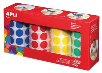 Apli Kids stickers XL cirkels, diameter 20 mm, doos met 4 rollen in 4 kleuren