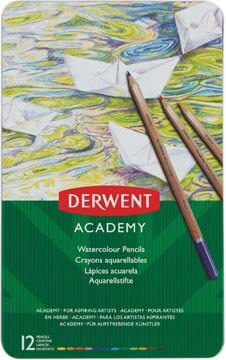 Derwent aquarelpotlood Academy , blik van 12 stuks in geassorteerde kleuren
