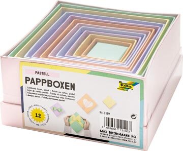 Folia dozen voor decoratie, vierkant, uit karton, pak van 12 stuks in geassorteerde maten, pastelkleuren