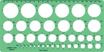 Linex cirkelsjabloon 1 - 35 mm, met 39 cirkels en milimeteruitlijning