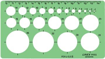 Linex cirkelsjabloon 1 - 35 mm, met 22 cirkels en uitlijnmarkering
