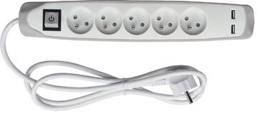 Perel contactdoos met 5 stopcontacten, 2 USB poorten en schakelaar, 1,5 m, wit en grijs