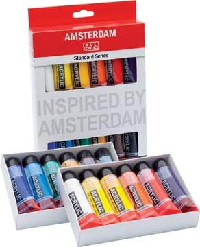Amsterdam acrylverf tube van 20 ml, etui van 12 stuks in geassorteerde kleuren