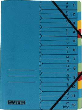 Class&#039;ex sorteermap A-Z en 1-12, blauw met 12 tabs in geassorteerde kleuren
