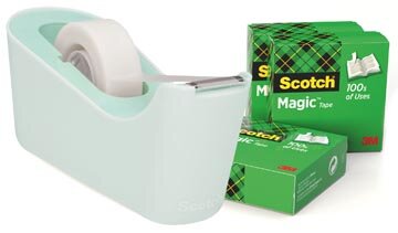 Scotch verzwaarde plakbandafroller inclusief 4 rollen Scotch magic tape, muntgroen