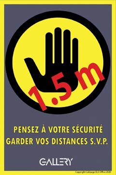 Gallery sticker, waarschuwing; houd 1,5 meter afstand, ft A5, Frans