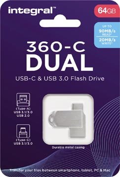 Integral 360-C Dual USB-C &amp; USB 3.0 stick, 64 GB