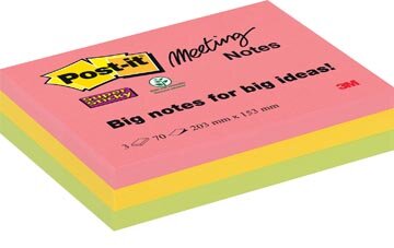 Post-it Super Sticky Meeting notes, 70 vel, ft 203 x 153 mm, geassorteerde kleuren, pak van 3 blokken