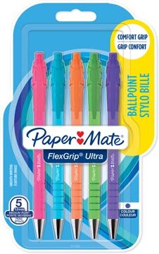 Paper Mate balpen Flexgrip Ultra RT Brights, medium, blauwe inkt, blister van 5 stuks, assorti