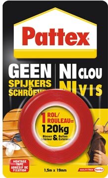 Pattex montagetape Geen Spijkers &amp; Schroeven, ft 1,5 m x 19 mm, draagt tot 120 kg, blisterverpakking
