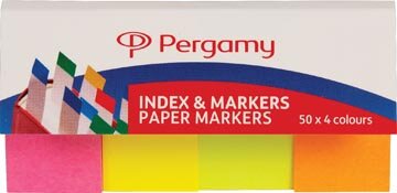 Pergamy Index &amp; papieren markeerstroken, pak van 4 x 50 vel, geassorteerde neon kleuren