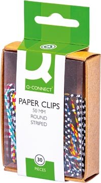 Q-CONNECT papierklemmen, 50 mm, doos van 30 stuks, gestreept in wit en geassorteerde kleuren