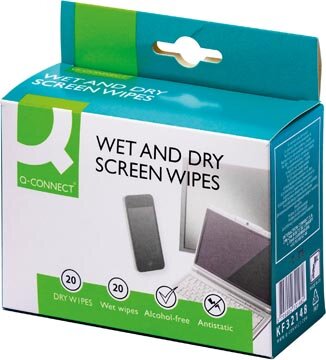 Q-CONNECT Wet &amp; Dry beeldschermreinigingsdoekjes, doos van 20 paar (1 Wet en 1 Dry)