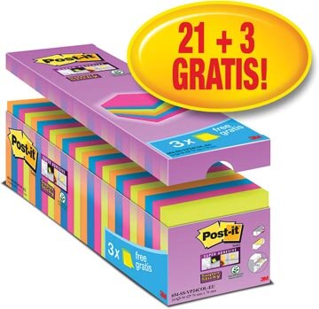 Post-it super Sticky notes, 90 vel, ft 76 x 76 mm, geassorteerde kleuren, pak van 21 blokken + 3 gratis
