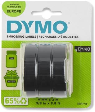 Dymo D3 tape 9 mm, wit op zwart, blister van 3 stuks
