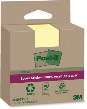 Post-it Super Sticky Notes Recycled, 70 vel, ft 76 x 76 mm, geel, pak van 3 blokken