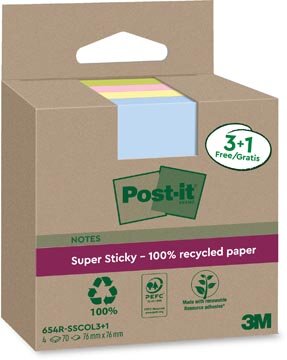Post-it Super Sticky Notes Recycled, 70 vel, ft 76 x 76 mm, assorti, 3 + 1 GRATIS