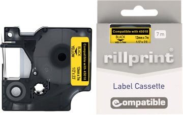 Rillprint compatible D1 tape voor Dymo 45018, 12 mm, zwart op geel