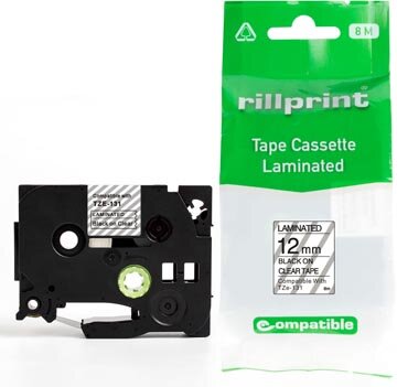 Rillprint compatible TZe tape voor Brother TZe-131, 12 mm, zwart op transparant