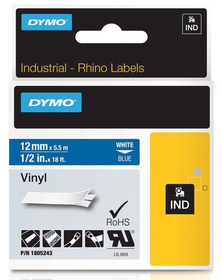 Dymo RHINO vinyltape 12 mm, wit op blauw