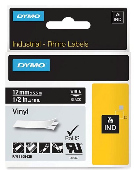 Dymo RHINO vinyltape 12 mm, wit op zwart