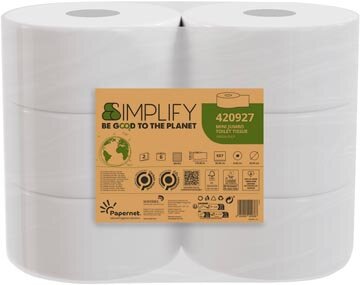 Papernet toiletpapier Simplify Mini Jumbo, 2-laags, 557 vellen, pak van 6 rollen
