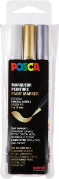 Posca paintmarker PCF-350, brush tip, &eacute;tui van 3 stuks, assorti (goud, zilver en wit)