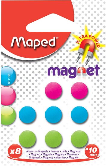 Maped magneten op blister diameter 10 mm, 8 stuks, 1 kleur per blister (groen, blauw of fuchsia)