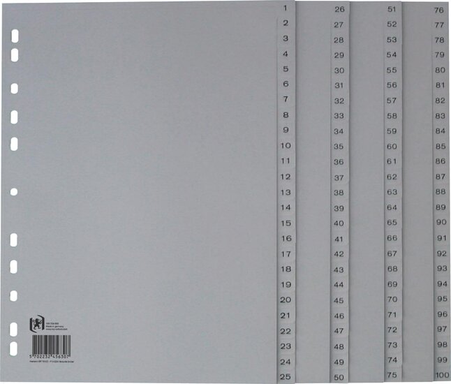 Oxford tabbladen, A4, uit PP, 11-gaatsperforatie, 100 genummerde tabs, grijs