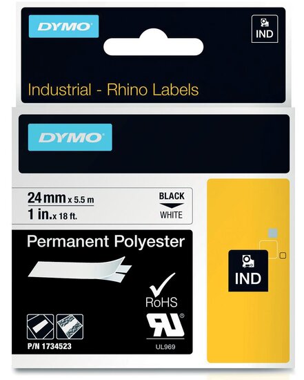 Dymo RHINO vinyltape 24 mm, zwart op wit