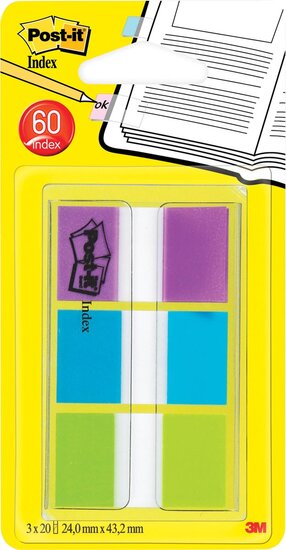 Post-it Index standaard, ft 25,4 x 43,2 mm, blister met 3 kleuren, 20 tabs per kleur