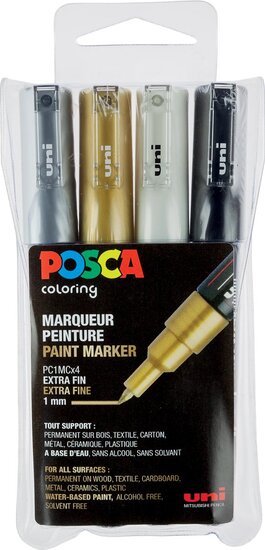 Uni POSCA paintmarker PC-1MC, 0,7 mm, etui met 4 stuks in geassorteerde metallic kleuren