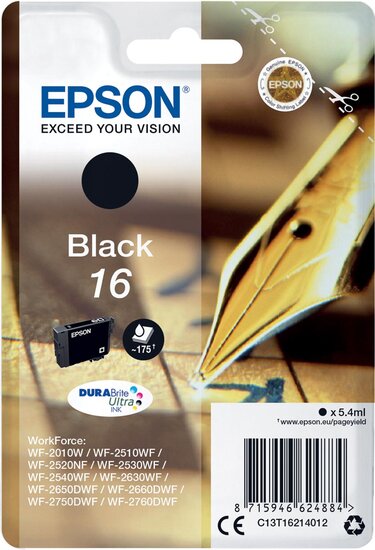 Epson inktcartridge 16, 175 pagina&#039;s, OEM C13T16214012, zwart