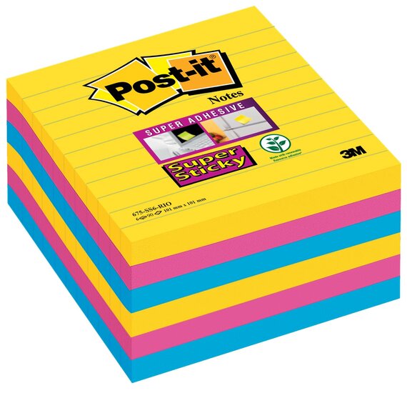 Post-it Super Sticky notes XL Carnival, 90 vel, ft 101 x 101 mm, gelijnd, assorti pak van 6 blokken