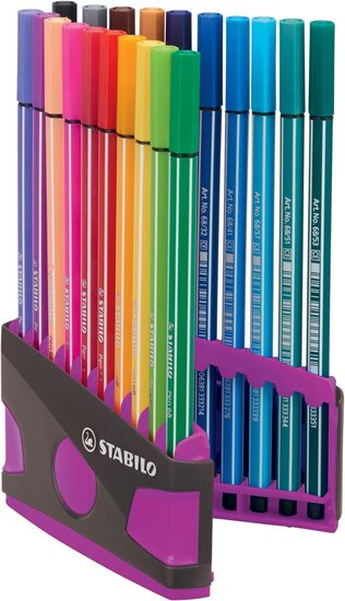 STABILO Pen 68 brush, ColorParade, lila-grijze doos, 20 stuks in geassorteerde kleuren