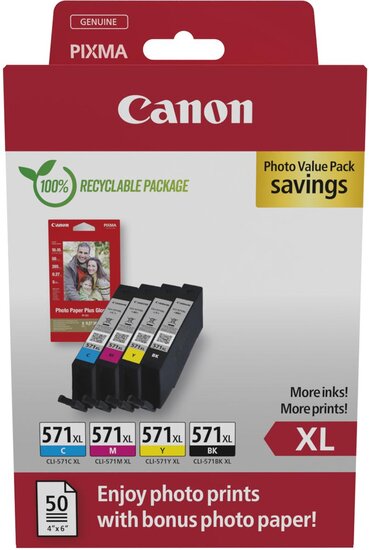 Canon photo value pack CLI-571XL, 375 - 895 foto&#039;s, OEM 0332C006, 4 kleuren