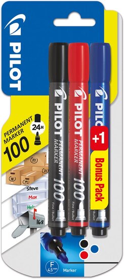 Pilot permanent marker 100, blister met 3 stuks (2 + 1 GRATIS) in geassorteerde kleuren