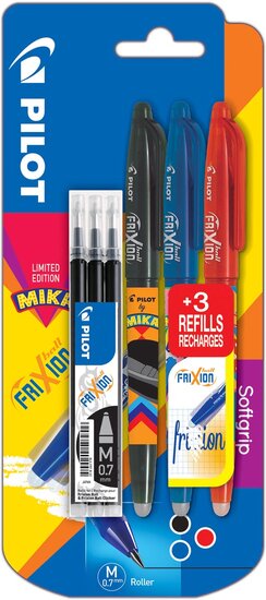 Pilot roller FriXion Ball Mika, blister van 3 stuks in geassorteerde kleuren + gratis refill zwart