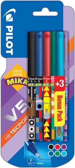 Pilot roller V-5 Mika, blister van 3+3 stuks gratis in geassorteerde kleuren