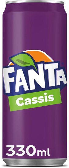 Fanta Cassis frisdrank, sleek blik van 33 cl, pak van 24 stuks