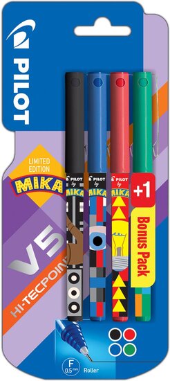 Pilot roller V-5 Mika, blister van 3+1 stuks gratis in geassorteerde kleuren