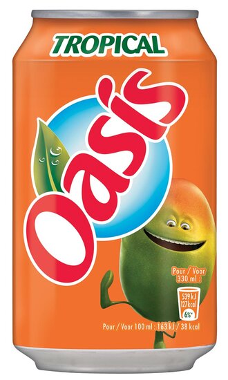 Oasis Tropical vruchtenlimonade, blik van 33 cl, pak van 24 stuks