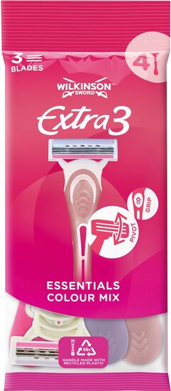 Wilkinson Extra 3 Essentials Colour Mix scheermes, pak van 4 stuks