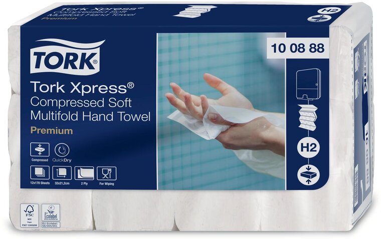 Tork Xpress&reg; gecomprimeerde zachte handdoek, multifold M, Premium, 2-laags, systeem H2, 12 x 170 vel