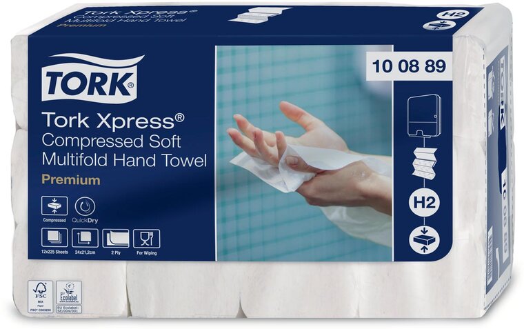 Tork Xpress&reg; gecomprimeerde zachte handdoek, multifold Z, Premium, 2-laags, systeem H2, 12 x 225 vel