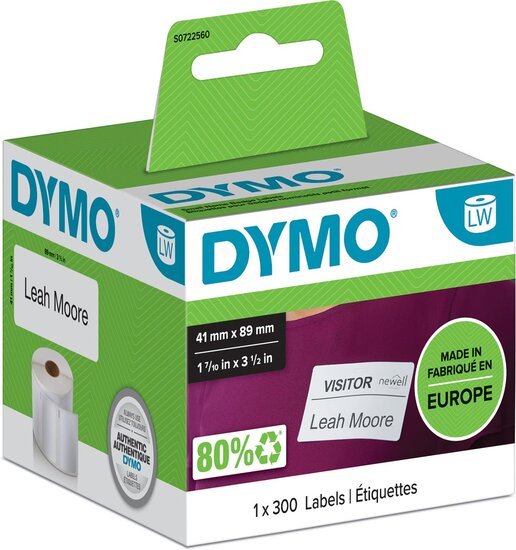 Dymo etiketten LabelWriter ft 89 x 41 mm, verwijderbaar, wit, 300 etiketten