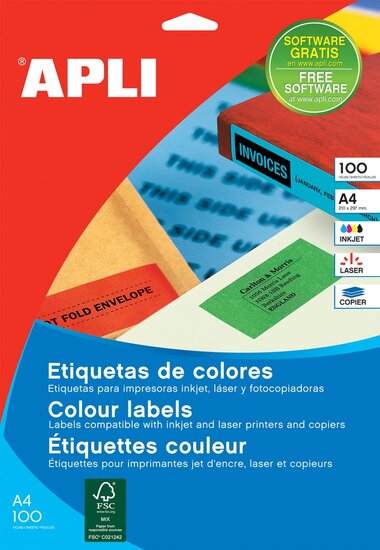 Apli Gekleurde etiketten ft 210 x 297 mm (b x h), rood, 100 stuks, 1 per blad