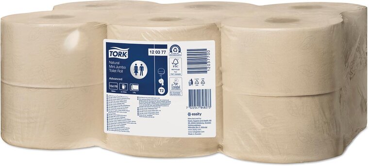 Tork Naturel Mini Jumbo toiletpapier, T2 Advanced, pak van 12 rollen