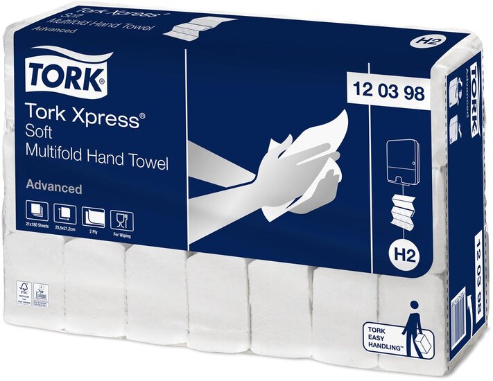 Tork Xpress Advanced handdoek 2-laags, systeem H2, wit, ft 25,5x21,2 cm, pak van 21 stuks